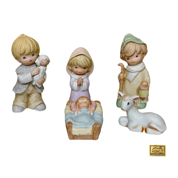 Homco Children's Nativity Scene Figurine Set, (5 Pcs), Porcelain Bisque, (Model No. 5502), Christmas Religious Decor, Vintage - (1980's)