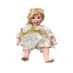 Muñeca ángel de porcelana vintage Marie Osmond &quot;Ayudante del Cielo en las Fiestas&quot;, (20 cm), muñeca coleccionable de cuerpo blando de porcelana, década de 1990