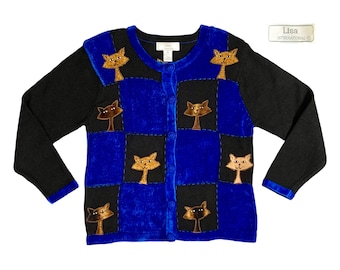 Vintage Siamese Cat Cardigan Sweater by Lisa International, Patchwork Royal Blue & Black, (Medium), Cat Cardigan, Vintage - (1990's)