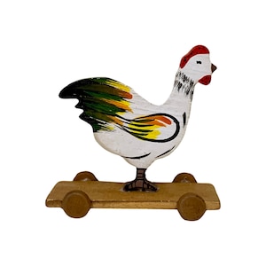 Holiday &quot;Rooster On Wheels&quot; Wooden Folk Art Ornament, Rooster Christmas Ornament, Wood, Vintage - (1960&#39;s)