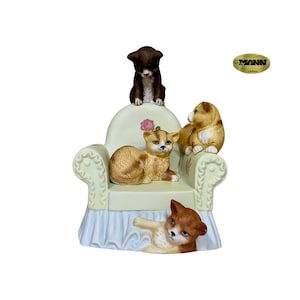 Seymour Mann Co. &quot;Kittens In A Chair&quot; Figurine, Hand-painted, Porcelain Bisque, Vintage - (1984)