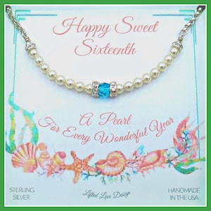 16th Birthday Pearl Bracelet. Sweet 16. Personalized Birthstone and Crystal Pearl Bracelet. Sixteenth Birthday Gift for Girls.