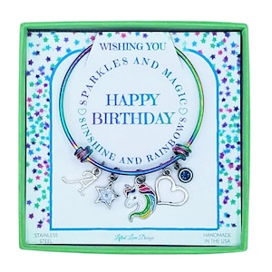 Personalized Unicorn Bangle Bracelet. Unicorn Charm Jewelry. Birthday Gift for Girls. Custom Birthstone. Initial. Unicorn Jewelry.