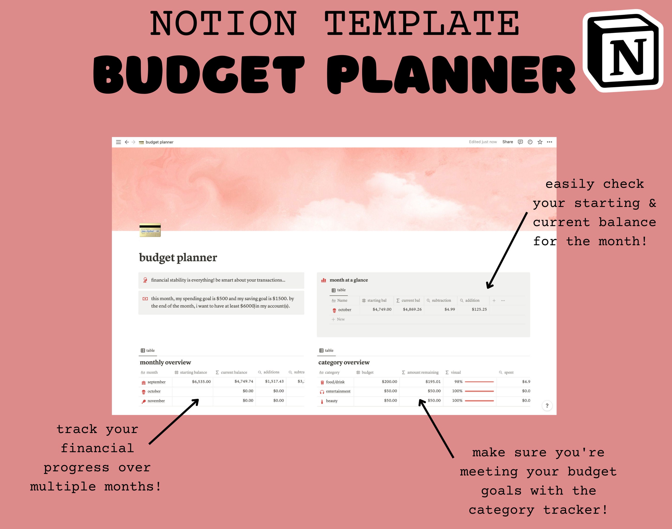 Notion budget planner monthly view category view incomes expenses