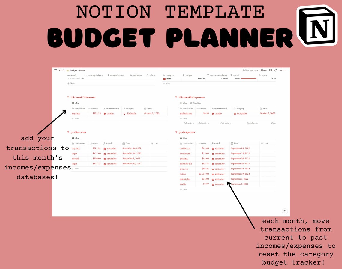 Notion Budget Planner Monthly View Category View Incomes Expenses