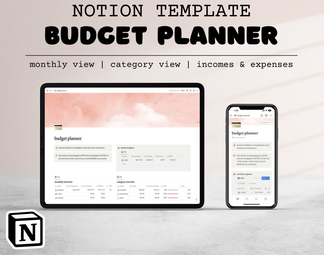 Notion budget planner monthly view category view incomes expenses