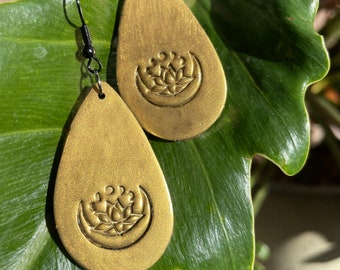 Gold or Blue Lotus Flower with Phases of the Moon Polymer Clay Earrings