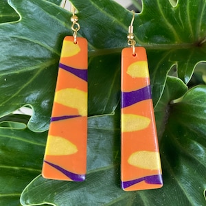 Vibrant Orange and Metallic Yellow Gold with Contrasting Purple Stripes  | Lightweight Polymer Clay Earrings