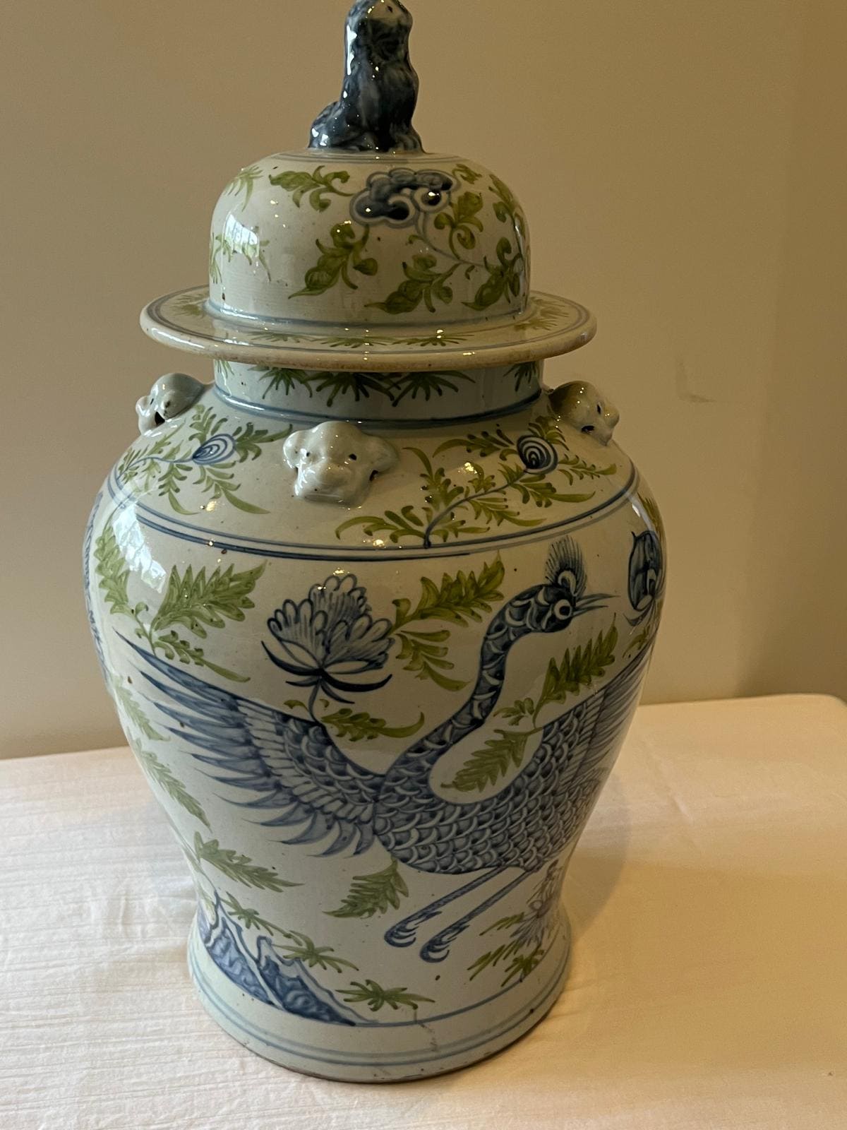 アンティーク 中国 グリーン ジェード Vintage Chinese Porcelain Ginger Jar: Blue & Green Bird Floral