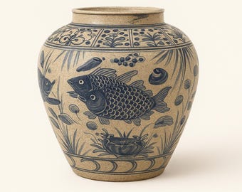 明宣徳様式磁器蓋壺：青白魚蓮文 - Etsy 日本