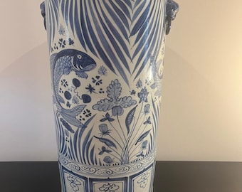 手書き 染付 傘立て 陶器花柄 中国花器 傘立て 陶器 花柄 傘立て