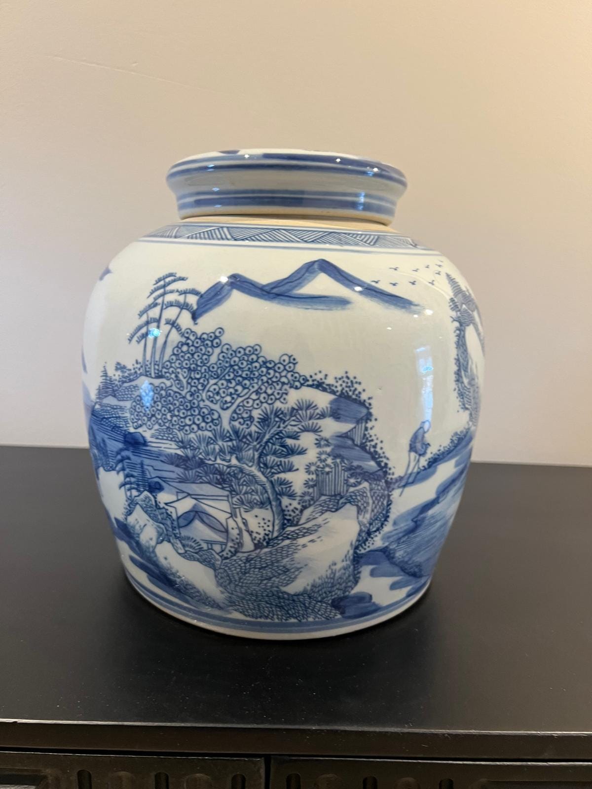 ヴィンテージスタイルの中国製青白陶器の壺 – 自然モチーフ – 蓋付き