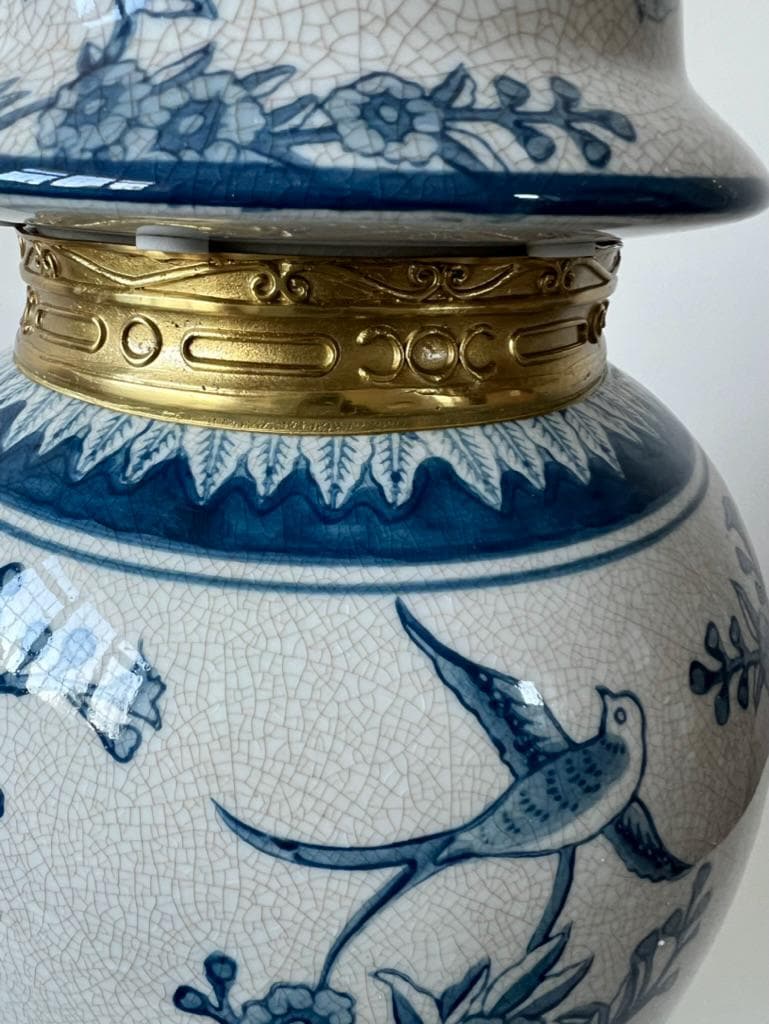 青と白の生姜壺：花と鳥のモチーフ、真鍮製の狛犬蓋 - Etsy 日本