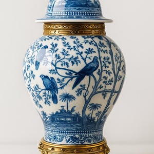 Blue and White Ginger Jar: Bronze Foo Dog Lid, Parrot Motif