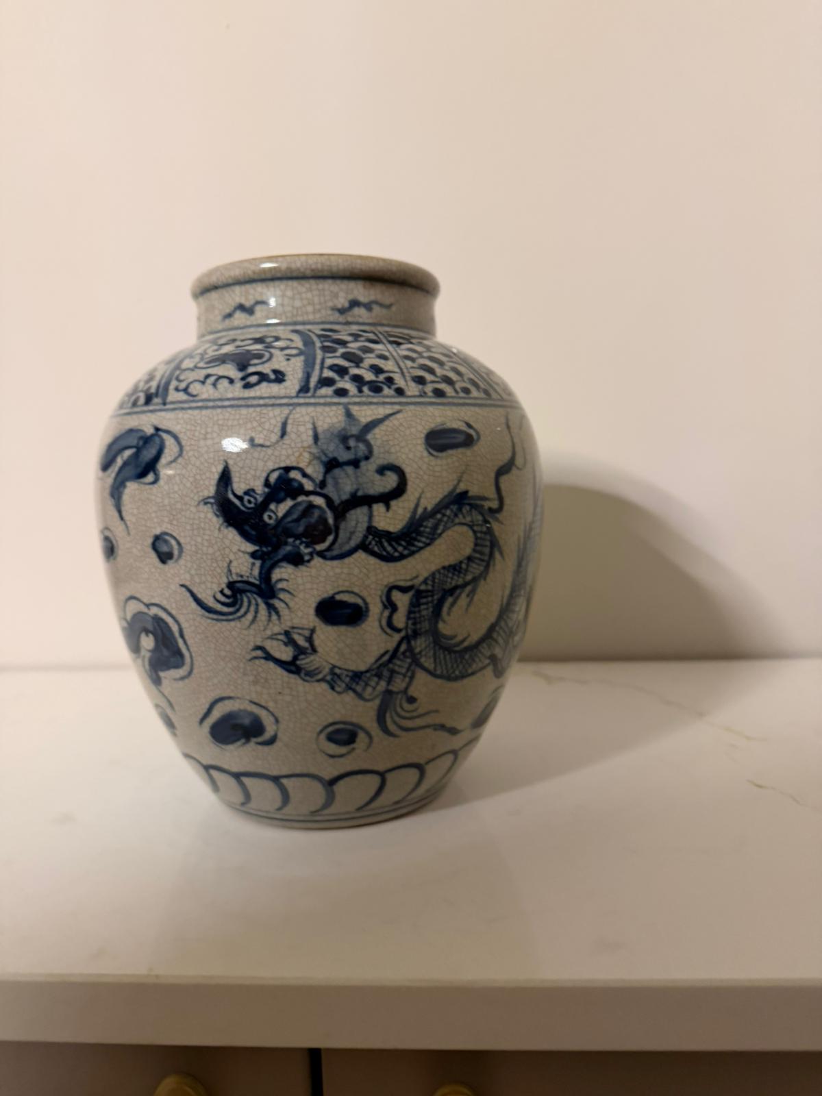 Vintage Style Chinese Porcelain Vase – Blue Dragon Motif, Beige
