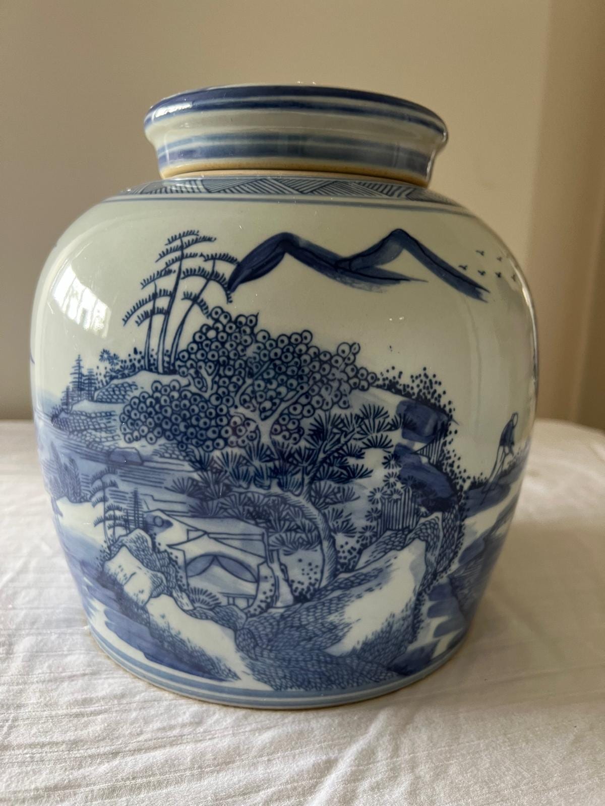 ヴィンテージ中国製陶器瓶 - 青と白の自然モチーフ - 蓋付き花瓶