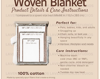 May include: A woven blanket with product details and care instructions. The image shows three blanket sizes: 60" x 80", 50" x 60", and 37" x 52". The blanket is made of 100% cotton and is suitable for pets, babies, kids, and adults. Care instructions include machine wash cold.