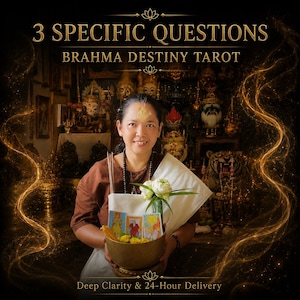 May include: A person holding a brass bowl containing three tarot cards, yellow flowers, and white lotus blossoms. The text reads 3 SPECIFIC QUESTIONS, BRAHMA DESTINY TAROT, and Deep Clarity & 24-Hour Delivery. The background features various golden statues.