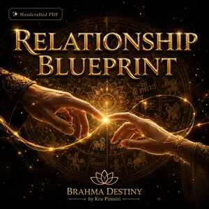 May include: A digital document titled RELATIONSHIP BLUEPRINT with the subtitle BRAHMA DESTINY by Kru Pimsiri. The design features two hands reaching toward each other against a dark background with a golden circular zodiac-style chart.
