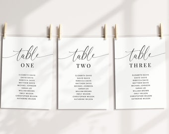 Table Number Seating Chart Cards Template for Wedding Reception or Rehearsal Dinner, Minimalist Elegant Table Assignment Card with Names