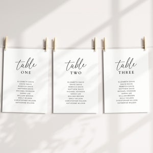 Stoelkaartsjabloon, minimalistische elegante tafelnummertoewijzingskaart met namen voor huwelijksreceptie of repetitiediner
