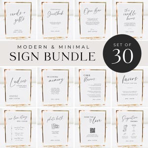 May include: A set of 30 printable wedding signs in a modern and minimal style. The signs feature various wedding-related information, such as "cards + gifts", "guestbook", "open bar", "this candle burns", "ladies", "in loving memory", "cake flavors", "favors", "our love story", "photo booth", "share the love", and "signature drinks".