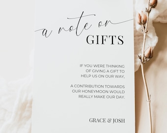 A Note On Gifts Card Insert Template, Elegant Printable Monetary Gift Request Invitation Enclosure, Minimalist Wedding No Gifts Please Cards