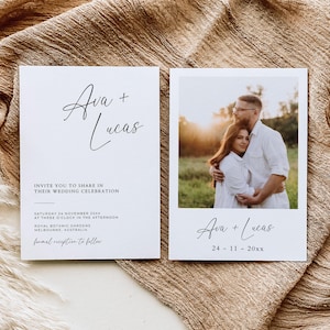 Carte d'invitation de mariage avec modèle d'image, faire-part de mariage photo minimaliste moderne, faire-part de mariage imprimable 5 x 7 personnalisable bricolage recto-verso