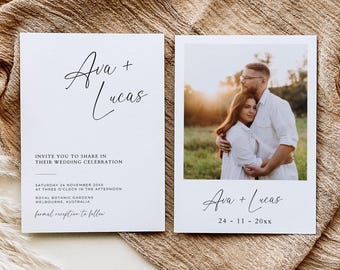 Modern Minimal Wedding Invitation Card with Photo - Double Sided Printable Digital Template