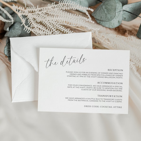 Wedding Details Card Insert, Printable Wedding Invitation Enclosure Portrait, Editable Template, Instant Download, Minimalistic