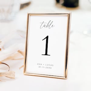 Simple Table Number Cards, Modern Minimalist Printable Table Signs for Wedding Reception or Rehearsal Dinner, Editable Digital Template