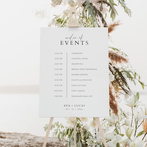 Modèle de panneau de commande de mariage, signalisation minimaliste moderne de la chronologie de la cérémonie et de la réception, panneau d'affiche imprimable personnalisable