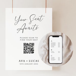 Digitaler Sitzplan mit QR-Code-Schild-Vorlage, Hochzeit Alphabetischer Tisch Gast Sitzplan, minimalistische Sitzplan für die Sitzplatzsuche