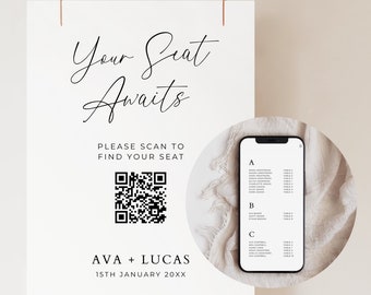 Digital Seating Chart with QR Code Sign Template, Wedding Alphabetical Table Guest Seating Website, Minimalist Find Your Seat Signage