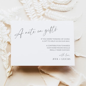 Een opmerking over cadeaukaart invoegsjabloon, moderne minimalistische afdrukbare huwelijksuitnodiging Monetaire geschenkaanvraag bijlage, geen geschenken Let op