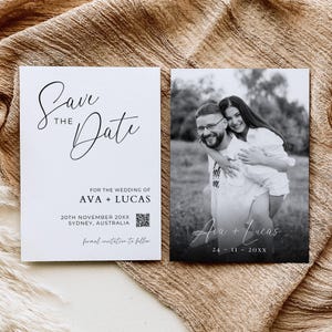 Plantilla de tarjeta de invitación con foto y código QR, invitación minimalista moderna con imagen, papelería de boda imprimible y sencilla.