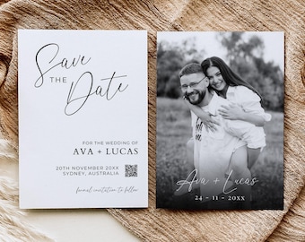 Photo Save The Date Card Template with QR Code, Modern Minimalist Save Our Date Invite with Picture, Simple DIY Printable Wedding Stationery