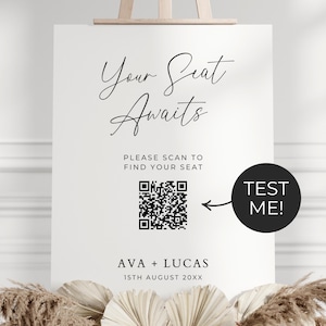 Digital Seating Chart with QR Code Sign and Menu Template, Wedding Alphabetical Table Guest Seating Website, Minimal Find Your Seat Signage image 2