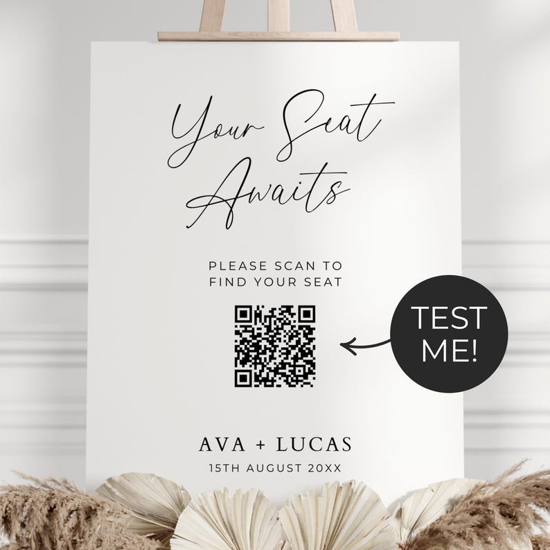 Digital Seating Chart with QR Code Sign and Menu Template, Wedding Alphabetical Table Guest Seating Website, Minimal Find Your Seat Signage image 2