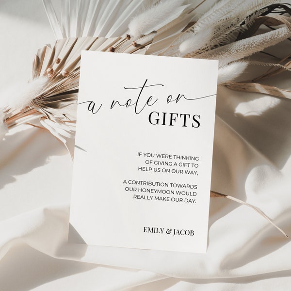 A Note On Gifts Card, Printable Wedding Invitation Insert, Editable Template, Instant Download, Money Poem Ideas, Minimalistic