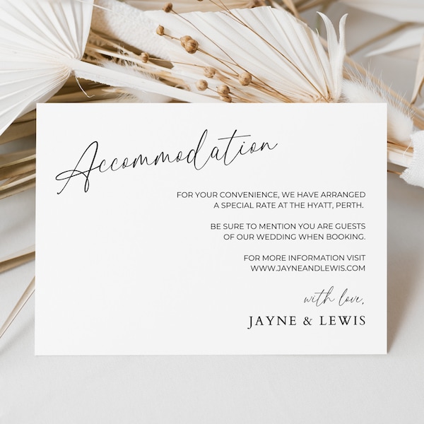 Wedding Accommodation Card, Where To Stay Hotel Card, Printable Invite Enclosure Insert, Editable Template, Minimalistic