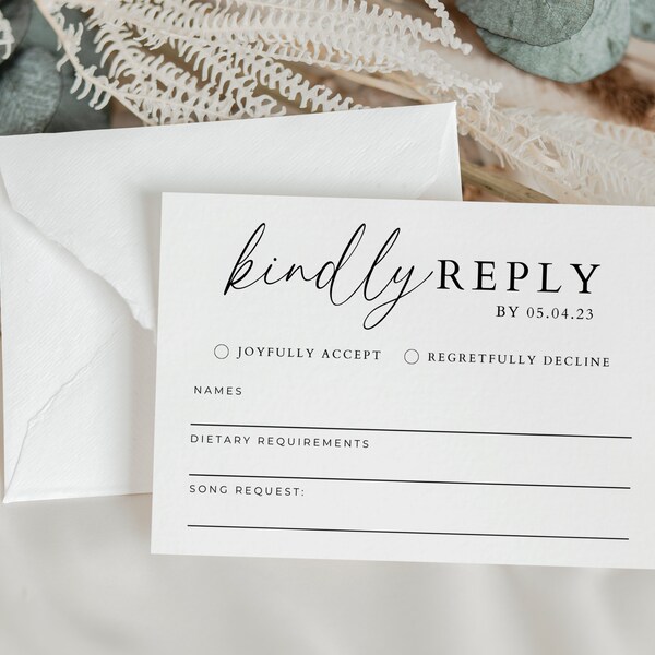 Kindly Respond RSVP Card, Printable Wedding Invite Insert, Kindly Reply Card, Invitation Extras, Editable Template, Minimalistic