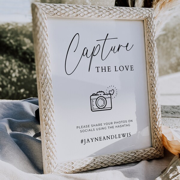 Wedding Hashtag Sign, Capture The Love, Hashtag Signs for Wedding, Editable Template, Custom Reception, Digital Download Minimal