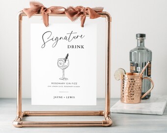 Single Signature Drink Sign, Simple Wedding Bar Poster with Line Clipart, Editable Template, Downloadable & Printable, Minimal