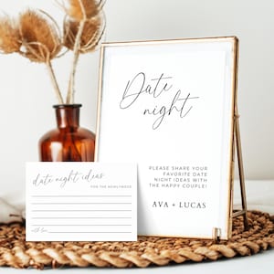 Plantilla de tarjetas y letreros para una cita romántica, idea para una recepción de boda con un frasco para una cita romántica, tarjetas imprimibles con letreros y sugerencias minimalistas para una cita romántica.