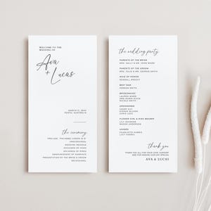 Minimalistisches modernes Hochzeitsprogramm-Vorlage, Einfache Hochzeitszeremonie-Ordnung des Service, druckbares doppelseitiges kein Massenprogramm