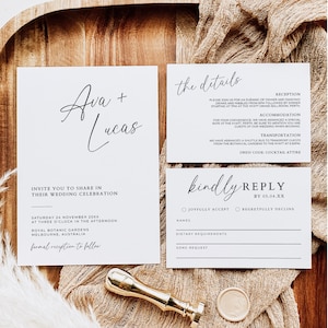 Conjunto de convites com RSVP e cartão de detalhes, modelo de convite de casamento minimalista com código QR, conjunto de papelaria de casamento personalizável e imprimível