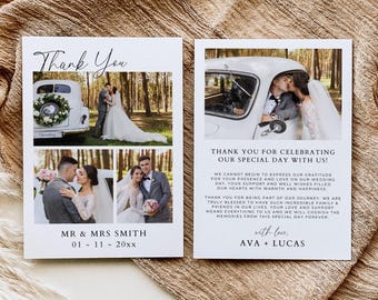Photo Thank You Card Template Double Sided, Modern Minimalist Wedding Thank Yous, Elegant Thank You For Attending Note with Picture Collage