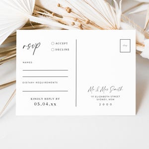 Modèle de carte postale RSVP de mariage, carte postale de réponse de clôture imprimable bricolage moderne, insertion d'invitation personnalisable minimaliste répondre par cartes