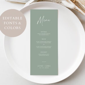 Sage Green Wedding Menu Card, Simple Three Course Printable Food Menu ...